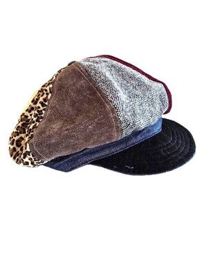 VTG Magid Y2K Patchwork Newsboy Cap Baker Boy Hat Leopard Velvet Cordoroy Denim